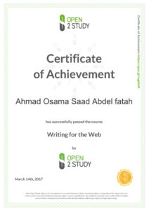 شهادات ودورات المهندس أحمد أسامة 10 writing for the web Certification from Open2Study