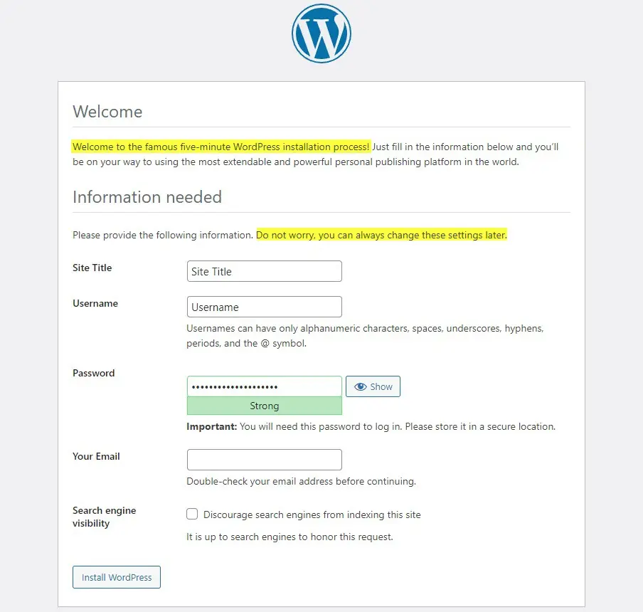 WordPress installation screen