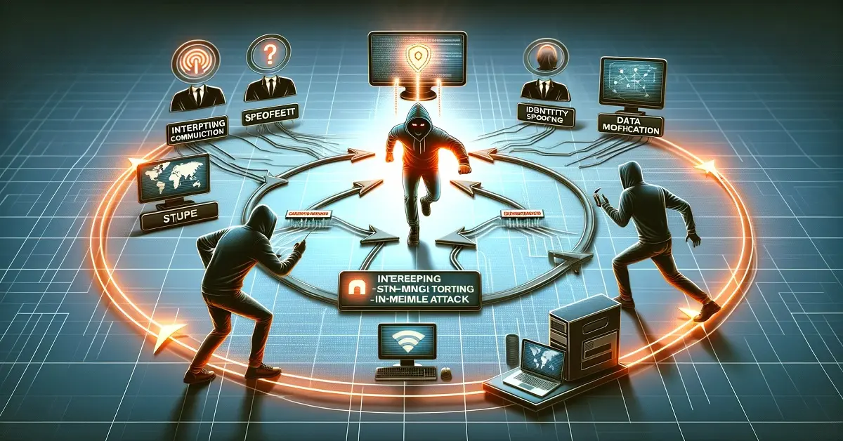 يظهر في الصورة مخطط يوضح خطوات هجوم Man-in-the-Middle، بما في ذلك اعتراض الاتصال، انتحال الهوية، تعديل البيانات، وإعادة توجيه المستخدمين