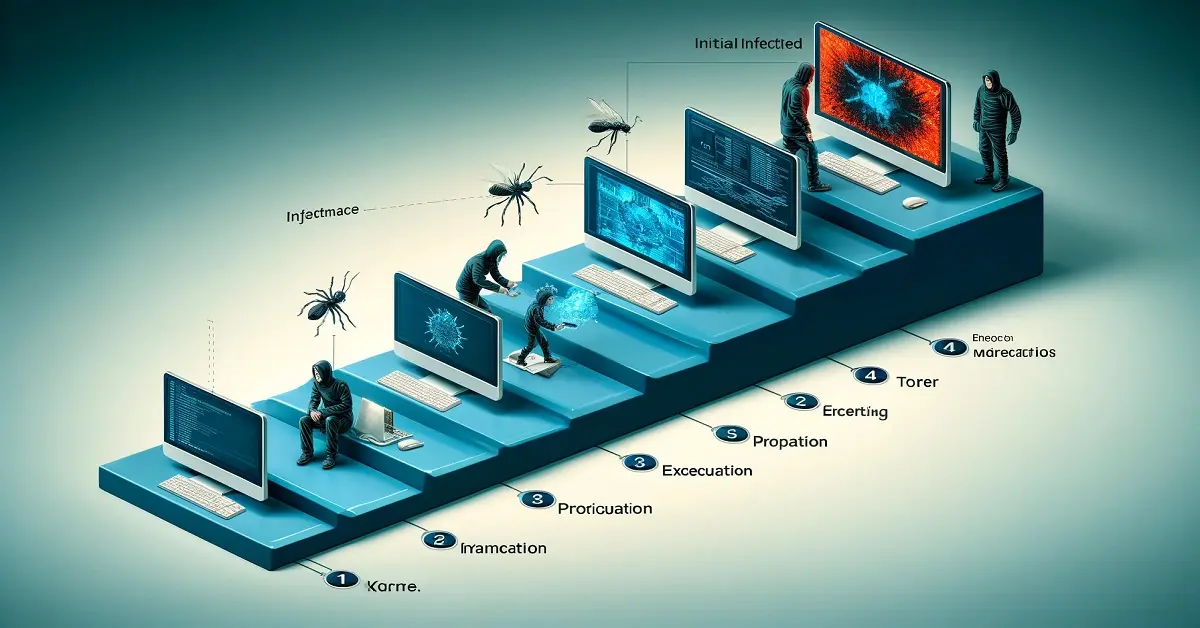 يظهر في الصورة مخطط يوضح خطوات هجوم البرامج الضارة، بما في ذلك الإصابة الأولية، التنفيذ، الانتشار، والإخفاء